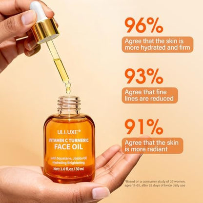 Vitamin C Turmeric Face Oil - Brightening & Hydrating Facial Oil with Jojoba Oil & Squalane for Dark Spots, Dry Skin, Wrinkles & Uneven Skin Tone, All Skin Types, 1 Fl Oz Avelisse