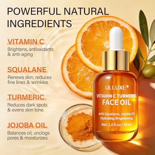 Vitamin C Turmeric Face Oil - Brightening & Hydrating Facial Oil with Jojoba Oil & Squalane for Dark Spots, Dry Skin, Wrinkles & Uneven Skin Tone, All Skin Types, 1 Fl Oz Avelisse