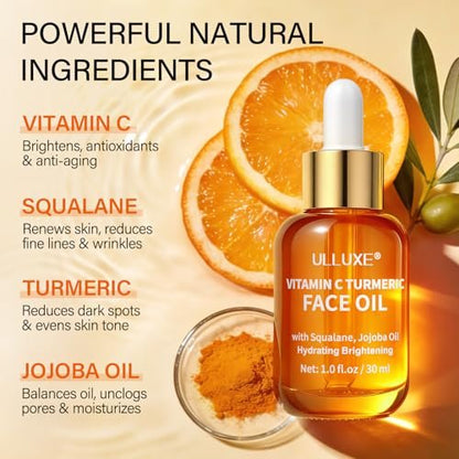 Vitamin C Turmeric Face Oil - Brightening & Hydrating Facial Oil with Jojoba Oil & Squalane for Dark Spots, Dry Skin, Wrinkles & Uneven Skin Tone, All Skin Types, 1 Fl Oz Avelisse