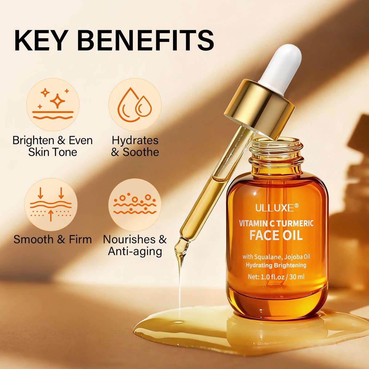 Vitamin C Turmeric Face Oil - Brightening & Hydrating Facial Oil with Jojoba Oil & Squalane for Dark Spots, Dry Skin, Wrinkles & Uneven Skin Tone, All Skin Types, 1 Fl Oz Avelisse