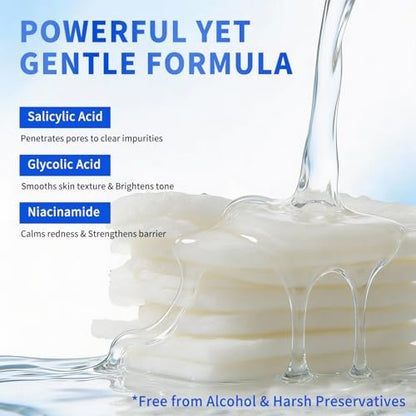 Mrlilei beauty BHA Salicylic Acid Toner Pads with Pore Care - Dual-Textured Facial Exfoliation Toner Pads with Glycolic Acid, Niacinamide Daily Face Skincare - 70 Pads + 4 Trial Pads