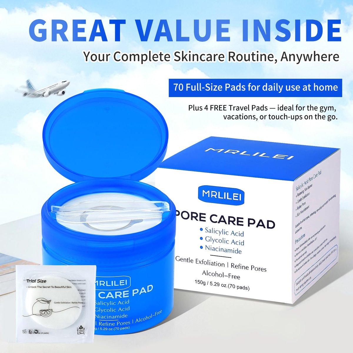 Mrlilei beauty BHA Salicylic Acid Toner Pads with Pore Care - Dual-Textured Facial Exfoliation Toner Pads with Glycolic Acid, Niacinamide Daily Face Skincare - 70 Pads + 4 Trial Pads - görsel 13