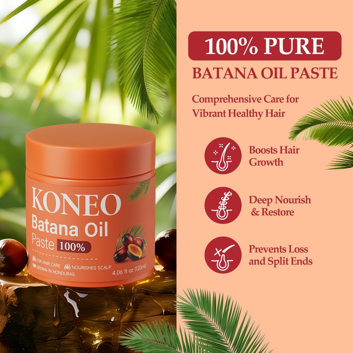 KONEO Hair Growth Cream with 100% Pure Batana Oil – Raw Batana Oil Paste from Honduras for Enhanced Thickness, Shine, and Reduced Breakage – 4.06 fl oz Avelisse