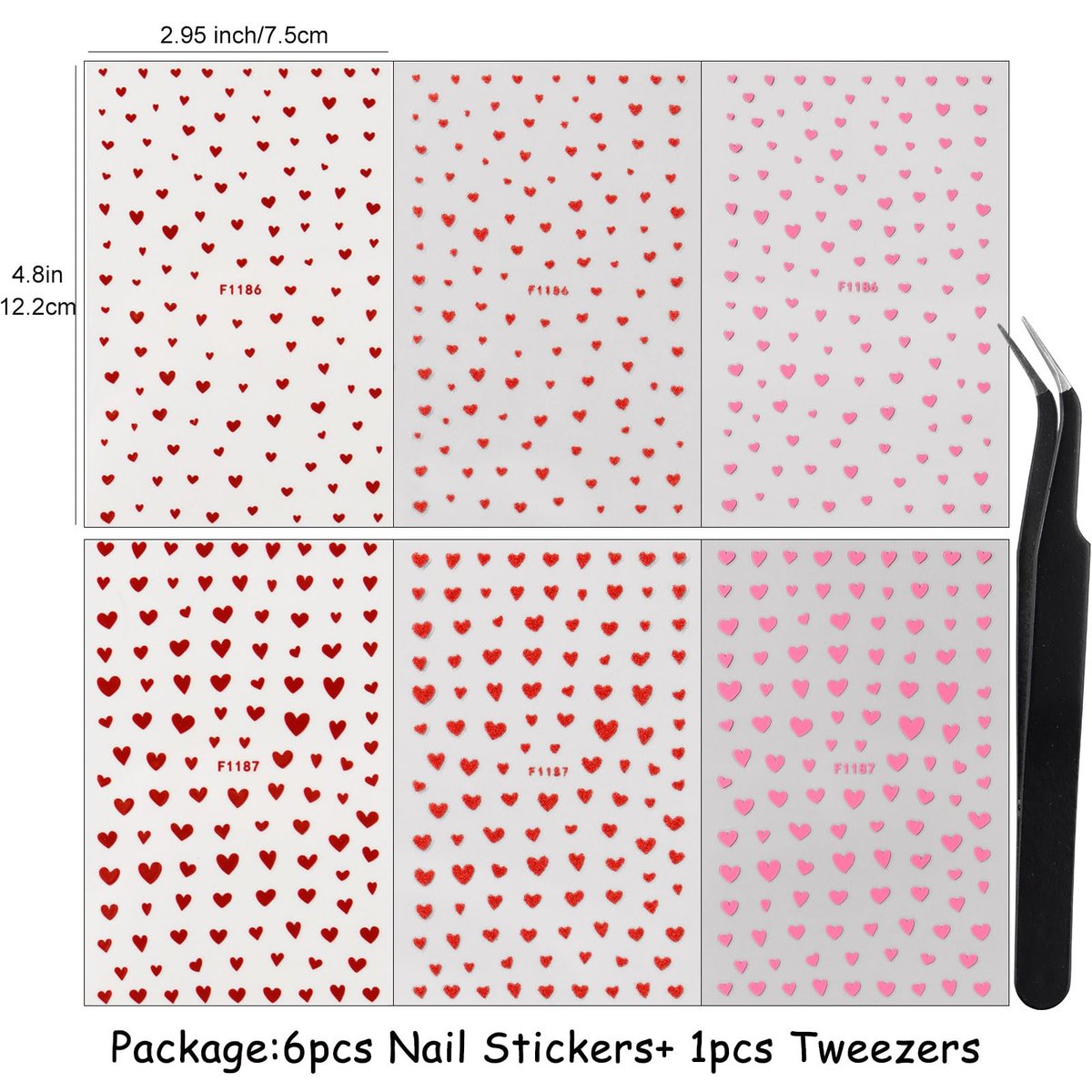 6pcs Valentine's Day Nail Art Stickers - Red Pink Glitter Love Heart Romantic Wedding Nail Decals with Tweezers - görsel 17