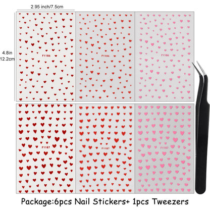 6pcs Valentine's Day Nail Art Stickers - Red Pink Glitter Love Heart Romantic Wedding Nail Decals with Tweezers