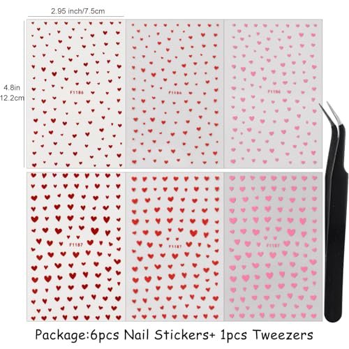 6pcs Valentine's Day Nail Art Stickers - Red Pink Glitter Love Heart Romantic Wedding Nail Decals with Tweezers - görsel 18