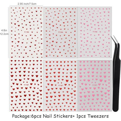 6pcs Valentine's Day Nail Art Stickers - Red Pink Glitter Love Heart Romantic Wedding Nail Decals with Tweezers