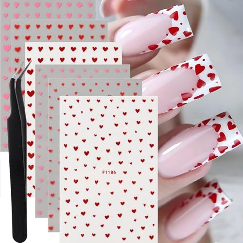 6pcs Valentine's Day Nail Art Stickers - Red Pink Glitter Love Heart Romantic Wedding Nail Decals with Tweezers - görsel 2