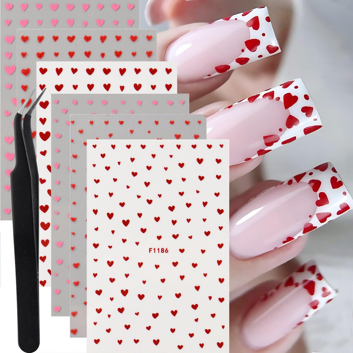 6pcs Valentine's Day Nail Art Stickers - Red Pink Glitter Love Heart Romantic Wedding Nail Decals with Tweezers - görsel 1