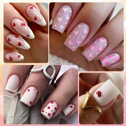 6pcs Valentine's Day Nail Art Stickers - Red Pink Glitter Love Heart Romantic Wedding Nail Decals with Tweezers