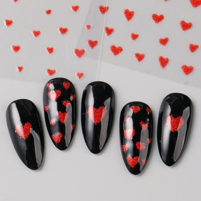 6pcs Valentine's Day Nail Art Stickers - Red Pink Glitter Love Heart Romantic Wedding Nail Decals with Tweezers