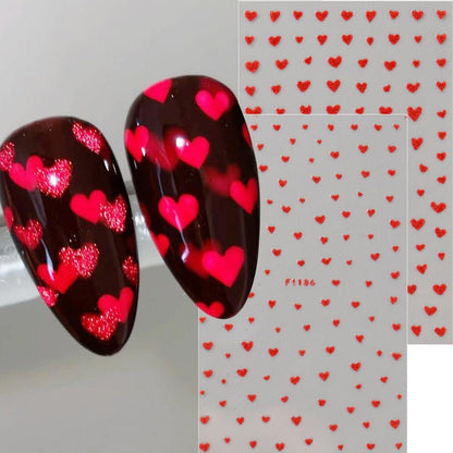 6pcs Valentine's Day Nail Art Stickers - Red Pink Glitter Love Heart Romantic Wedding Nail Decals with Tweezers
