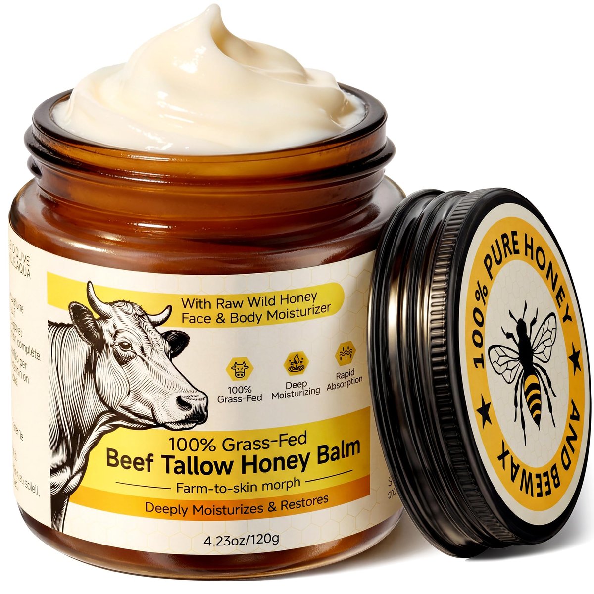 Beef Tallow for Skin & Face - Whipped Tallow and Honey Balm Cream, 100% Grass-Fed Beef Tallow Face Moisturizer with Raw Honey, All Natural Organic Body Lotion Skincare for Women & Men, Unscented 4.2 OZ - görsel 1