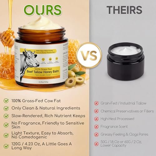 Beef Tallow for Skin & Face - Whipped Tallow and Honey Balm Cream, 100% Grass-Fed Beef Tallow Face Moisturizer with Raw Honey, All Natural Organic Body Lotion Skincare for Women & Men, Unscented 4.2 OZ - görsel 16