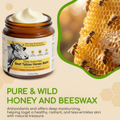 Beef Tallow for Skin & Face - Whipped Tallow and Honey Balm Cream, 100% Grass-Fed Beef Tallow Face Moisturizer with Raw Honey, All Natural Organic Body Lotion Skincare for Women & Men, Unscented 4.2 OZ