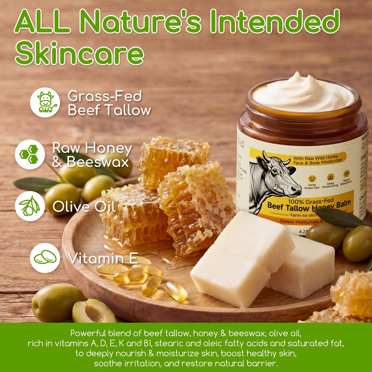 Beef Tallow for Skin & Face - Whipped Tallow and Honey Balm Cream, 100% Grass-Fed Beef Tallow Face Moisturizer with Raw Honey, All Natural Organic Body Lotion Skincare for Women & Men, Unscented 4.2 OZ - görsel 5