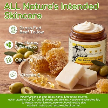 Beef Tallow for Skin & Face - Whipped Tallow and Honey Balm Cream, 100% Grass-Fed Beef Tallow Face Moisturizer with Raw Honey, All Natural Organic Body Lotion Skincare for Women & Men, Unscented 4.2 OZ