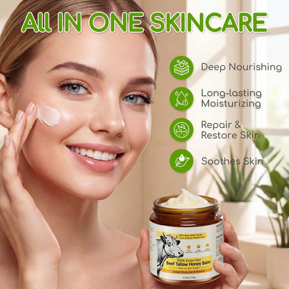 Beef Tallow for Skin & Face - Whipped Tallow and Honey Balm Cream, 100% Grass-Fed Beef Tallow Face Moisturizer with Raw Honey, All Natural Organic Body Lotion Skincare for Women & Men, Unscented 4.2 OZ