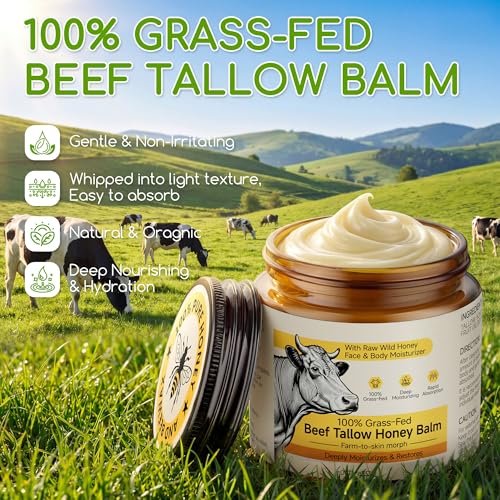 Beef Tallow for Skin & Face - Whipped Tallow and Honey Balm Cream, 100% Grass-Fed Beef Tallow Face Moisturizer with Raw Honey, All Natural Organic Body Lotion Skincare for Women & Men, Unscented 4.2 OZ - görsel 8