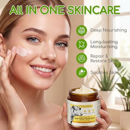 Beef Tallow for Skin & Face - Whipped Tallow and Honey Balm Cream, 100% Grass-Fed Beef Tallow Face Moisturizer with Raw Honey, All Natural Organic Body Lotion Skincare for Women & Men, Unscented 4.2 OZ