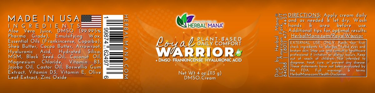 Herbal Mana Frankincense DMSO Body Cream with Magnesium & Hyaluronic Acid | Royal Warrior - 4 oz Avelisse