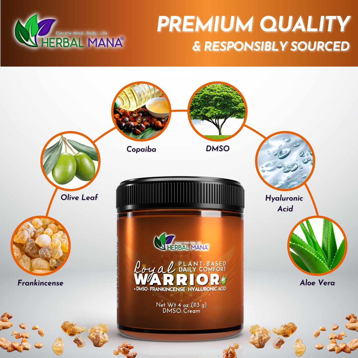 Herbal Mana Frankincense DMSO Body Cream with Magnesium & Hyaluronic Acid | Royal Warrior - 4 oz Avelisse