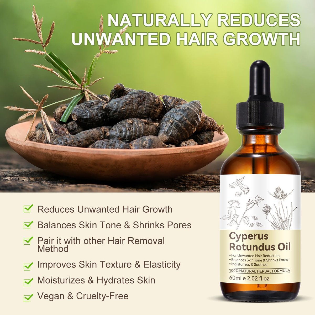 ITSDAWN Cyperus Rotundus Oil for Hair Removal – Natural Oil to Reduce Unwanted Hair & Soothe Skin, Moisturizing Body Oil for Smooth Skin, 2.02 Fl Oz - görsel 7