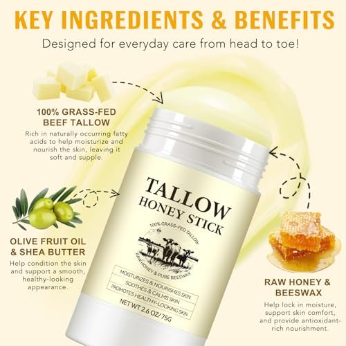 Honey Tallow Balm - 100% Grass-Fed Beef Tallow Face Cream with Shea Butter & Olive Oil, Rich in Vitamins A, D, E, K & Omega Fatty Acids (75g) - görsel 6