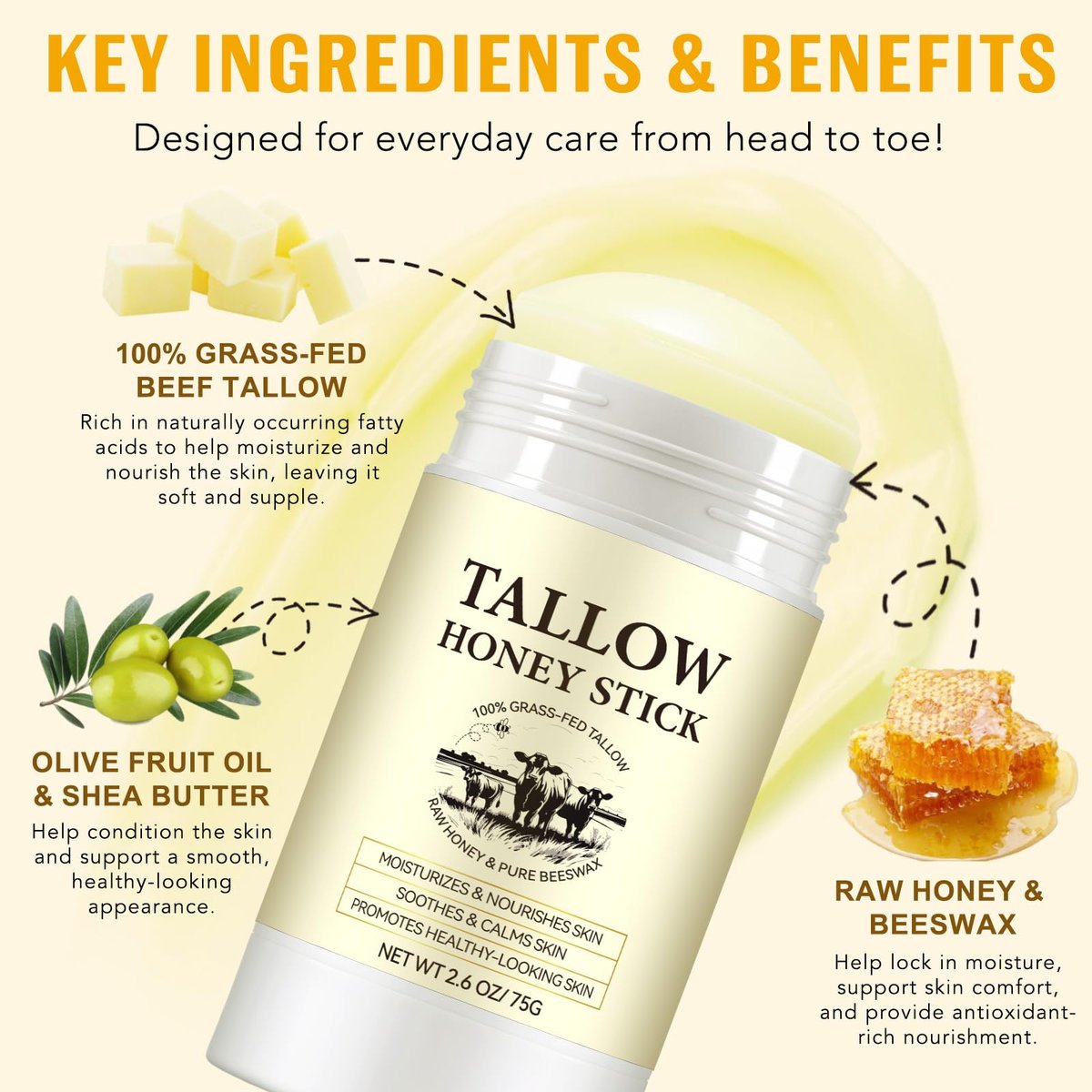 Honey Tallow Balm - 100% Grass-Fed Beef Tallow Face Cream with Shea Butter & Olive Oil, Rich in Vitamins A, D, E, K & Omega Fatty Acids (75g) - görsel 5