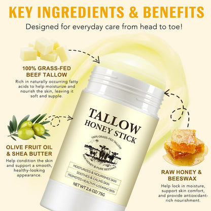 Honey Tallow Balm - 100% Grass-Fed Beef Tallow Face Cream with Shea Butter & Olive Oil, Rich in Vitamins A, D, E, K & Omega Fatty Acids (75g)