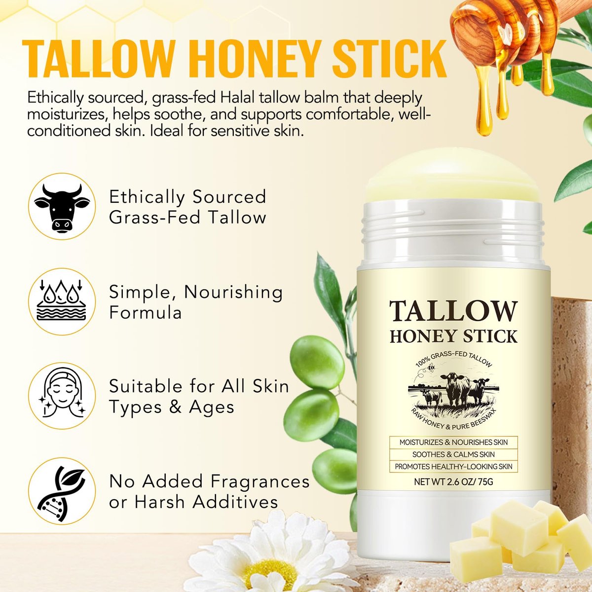 Honey Tallow Balm - 100% Grass-Fed Beef Tallow Face Cream with Shea Butter & Olive Oil, Rich in Vitamins A, D, E, K & Omega Fatty Acids (75g) - görsel 3