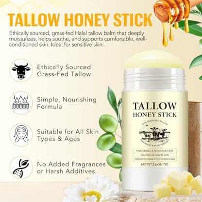 Honey Tallow Balm - 100% Grass-Fed Beef Tallow Face Cream with Shea Butter & Olive Oil, Rich in Vitamins A, D, E, K & Omega Fatty Acids (75g)