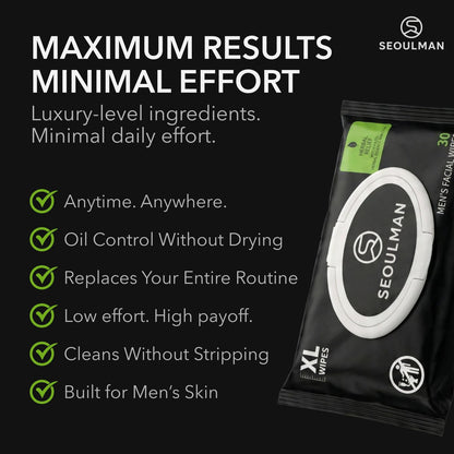 Seoulman Face Wipes for Men – All-In-One Skincare Cleansing Wipes with Niacinamide, Cica & Hyaluronic Acid – Alcohol-Free, pH Balanced – Extra Large, 30 Count