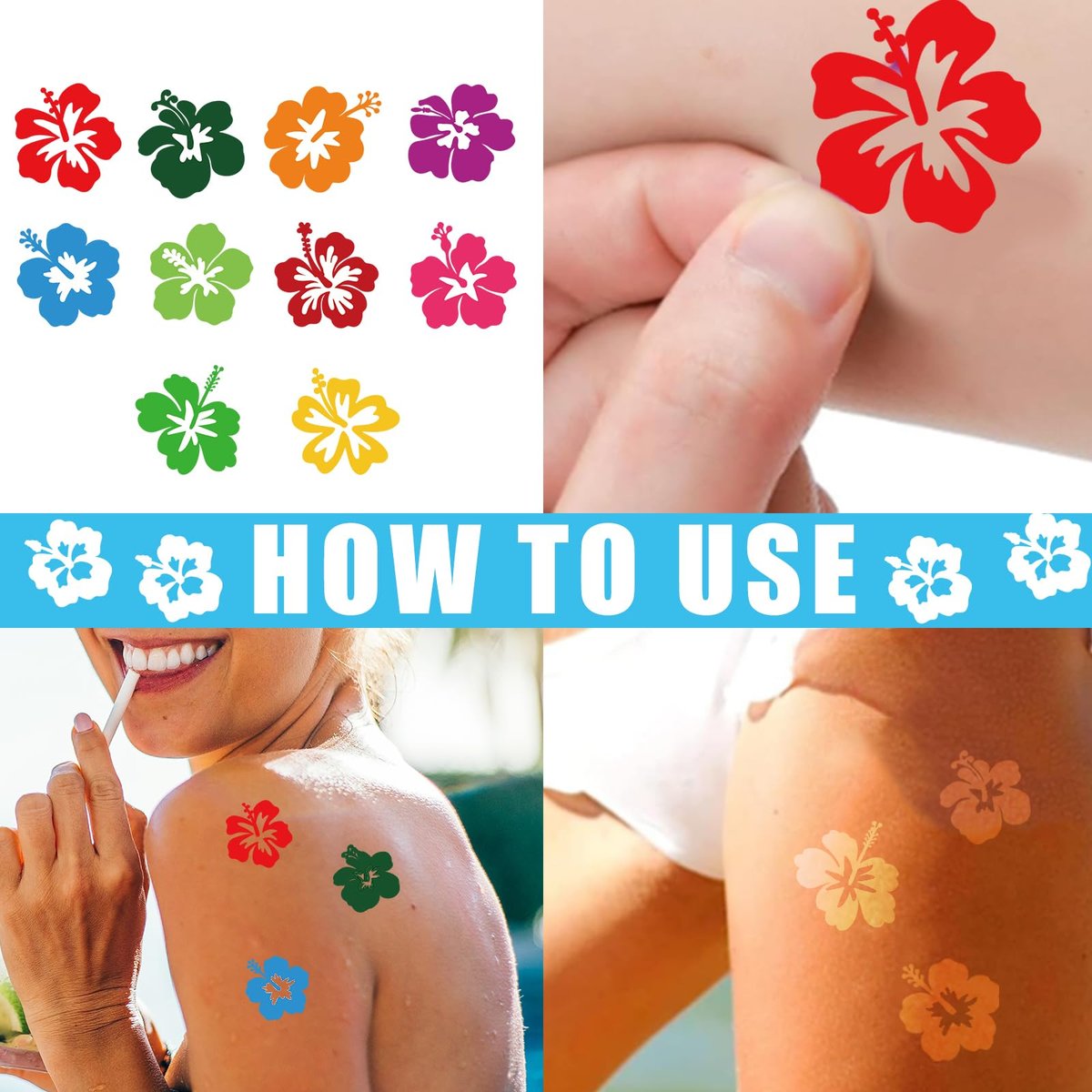 Whaline 500Pcs Hibiscus Flower Tanning Sunbathing Stickers - Colorful Floral Self Adhesive Body Decals for Summer Beach Hawaiian Tropical Luau Salon Party Supplies Avelisse