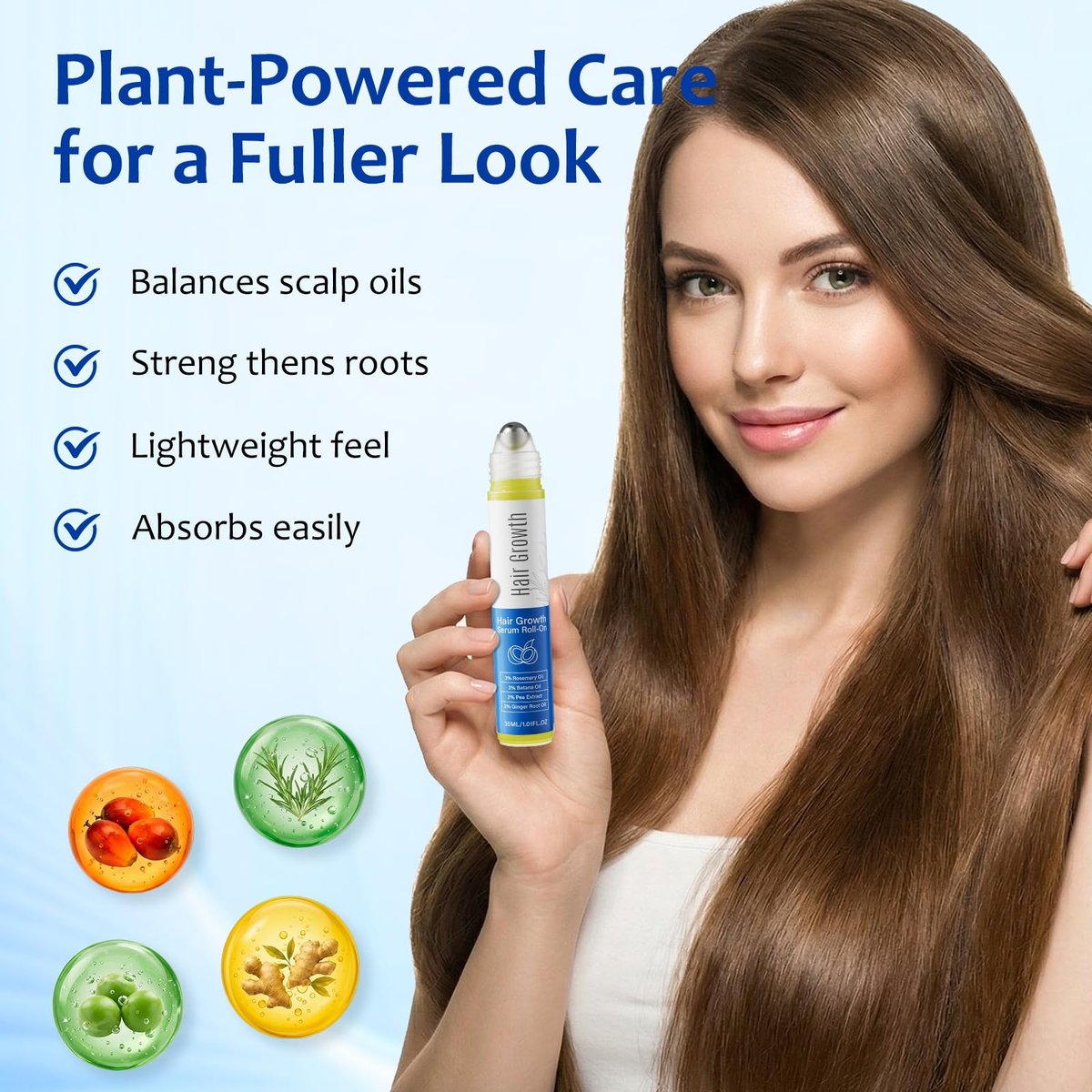 Hair Growth Serum Roll On with 3% Rosemary, 3% Batana Oil, 2% Pea Extract, 2% Ginger Root Oil - Thicker Hair & Stronger Roots (30ml) Avelisse