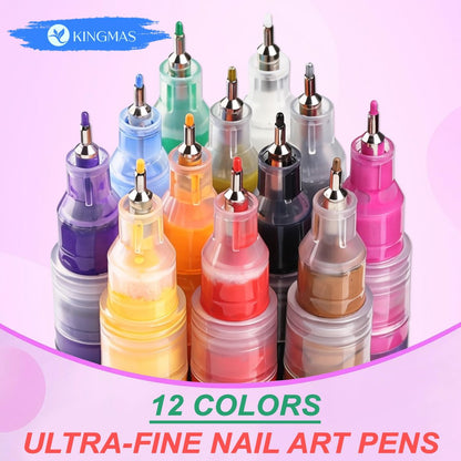 KINGMAS 12 Color Nail Art Pens – 0.5mm Fine Tip Nail Polish Marker Set for DIY Manicure, Waterproof & Quick-Drying Acrylic Painted Pen Kit