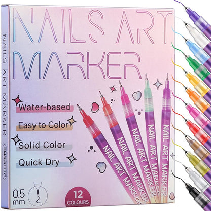 KINGMAS 12 Color Nail Art Pens – 0.5mm Fine Tip Nail Polish Marker Set for DIY Manicure, Waterproof & Quick-Drying Acrylic Painted Pen Kit