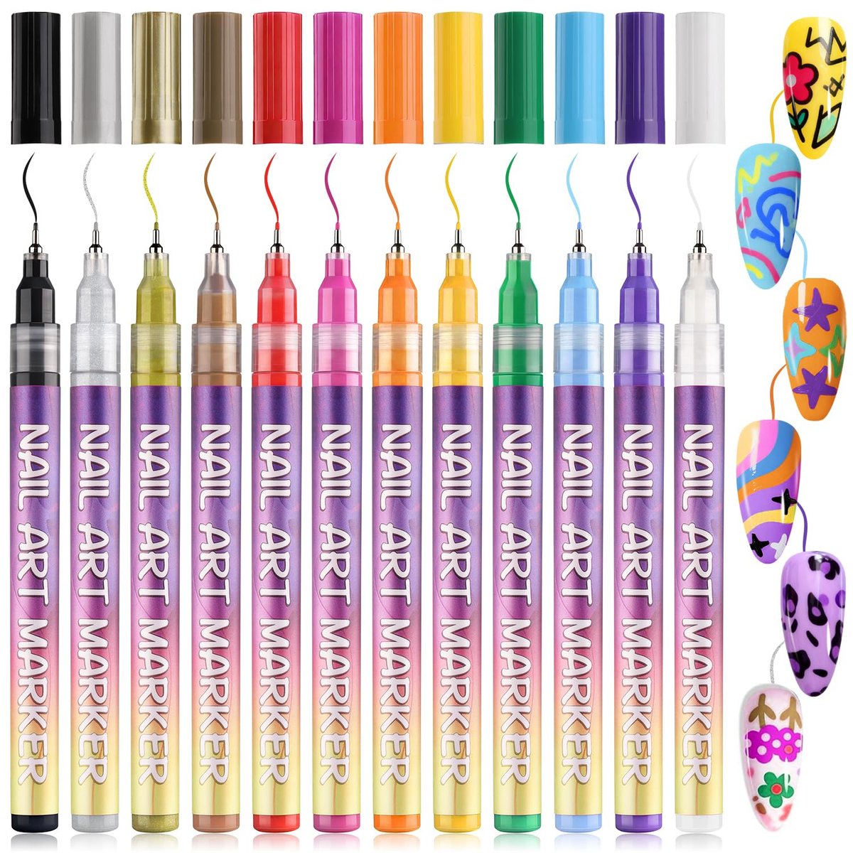 KINGMAS 12 Color Nail Art Pens – 0.5mm Fine Tip Nail Polish Marker Set for DIY Manicure, Waterproof & Quick-Drying Acrylic Painted Pen Kit - görsel 15