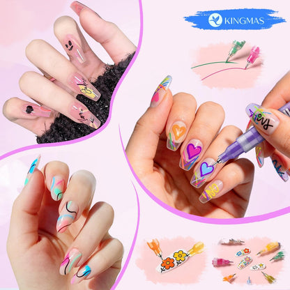 KINGMAS 12 Color Nail Art Pens – 0.5mm Fine Tip Nail Polish Marker Set for DIY Manicure, Waterproof & Quick-Drying Acrylic Painted Pen Kit