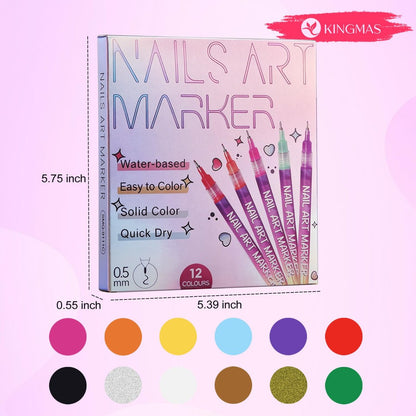 KINGMAS 12 Color Nail Art Pens – 0.5mm Fine Tip Nail Polish Marker Set for DIY Manicure, Waterproof & Quick-Drying Acrylic Painted Pen Kit