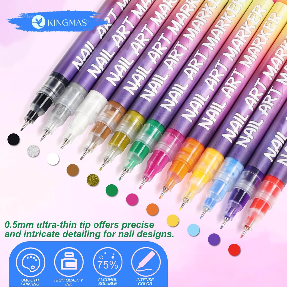 KINGMAS 12 Color Nail Art Pens – 0.5mm Fine Tip Nail Polish Marker Set for DIY Manicure, Waterproof & Quick-Drying Acrylic Painted Pen Kit - görsel 9