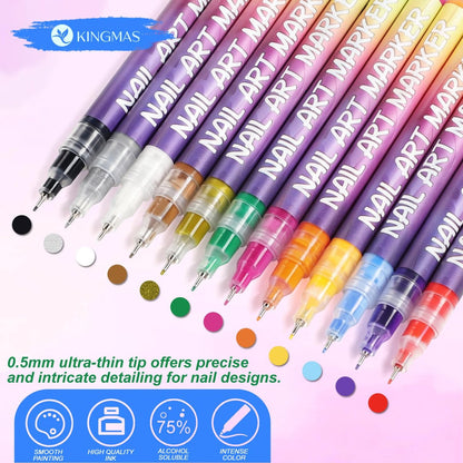 KINGMAS 12 Color Nail Art Pens – 0.5mm Fine Tip Nail Polish Marker Set for DIY Manicure, Waterproof & Quick-Drying Acrylic Painted Pen Kit