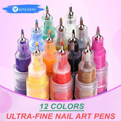 KINGMAS 12 Color Nail Art Pens – 0.5mm Fine Tip Nail Polish Marker Set for DIY Manicure, Waterproof & Quick-Drying Acrylic Painted Pen Kit - görsel 4