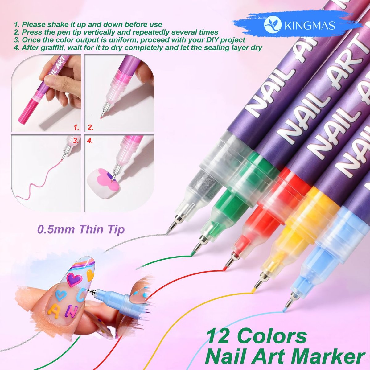 KINGMAS 12 Color Nail Art Pens – 0.5mm Fine Tip Nail Polish Marker Set for DIY Manicure, Waterproof & Quick-Drying Acrylic Painted Pen Kit - görsel 5