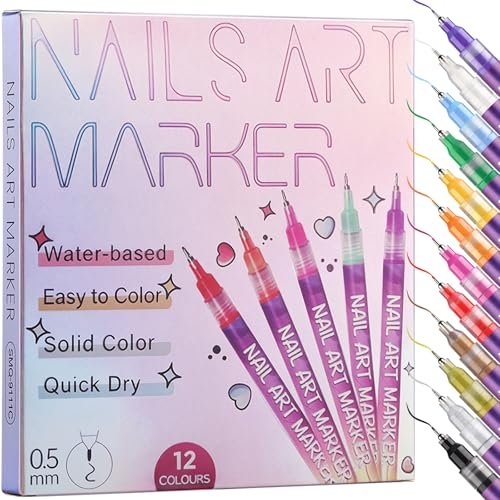 KINGMAS 12 Color Nail Art Pens – 0.5mm Fine Tip Nail Polish Marker Set for DIY Manicure, Waterproof & Quick-Drying Acrylic Painted Pen Kit - görsel 2