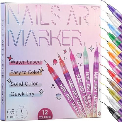 KINGMAS 12 Color Nail Art Pens – 0.5mm Fine Tip Nail Polish Marker Set for DIY Manicure, Waterproof & Quick-Drying Acrylic Painted Pen Kit