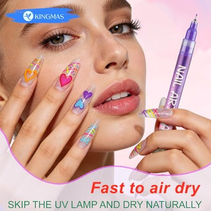 KINGMAS 12 Color Nail Art Pens – 0.5mm Fine Tip Nail Polish Marker Set for DIY Manicure, Waterproof & Quick-Drying Acrylic Painted Pen Kit