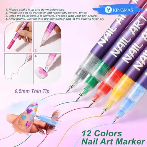 KINGMAS 12 Color Nail Art Pens – 0.5mm Fine Tip Nail Polish Marker Set for DIY Manicure, Waterproof & Quick-Drying Acrylic Painted Pen Kit - görsel 6