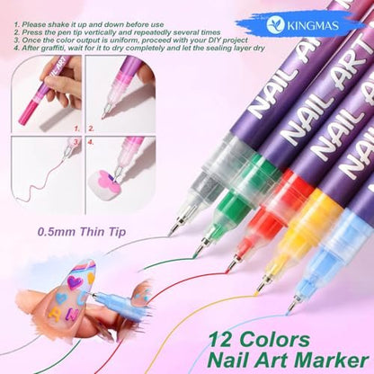 KINGMAS 12 Color Nail Art Pens – 0.5mm Fine Tip Nail Polish Marker Set for DIY Manicure, Waterproof & Quick-Drying Acrylic Painted Pen Kit