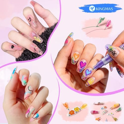 KINGMAS 12 Color Nail Art Pens – 0.5mm Fine Tip Nail Polish Marker Set for DIY Manicure, Waterproof & Quick-Drying Acrylic Painted Pen Kit